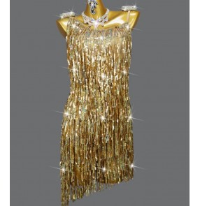Custom size gold seguins fringe competition latin dance dresses for girls kids children bling salsa rumba chacha stage prerformance costumes for lady